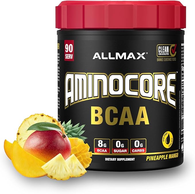 ALLMAX AMINOCORE BCAA Powder for Workout Muscle Recovery &amp Increased Endurance - Sugar Free No Fillers 8.18 Grams Bcaas Amino Acids B Vitamins for Women and Men- 90 Servings | Pineapple Mango 1
