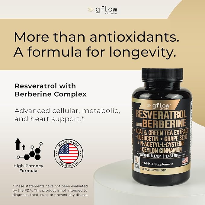 gflow vitamins Resveratrol Supplement with Berberine Green Tea Extract Ceylon Cinnamon Grape Seed &amp Quercetin1000mg Quercetin N Acetyl cysteine Acai | 100% Natural Max Strength | Made in USA