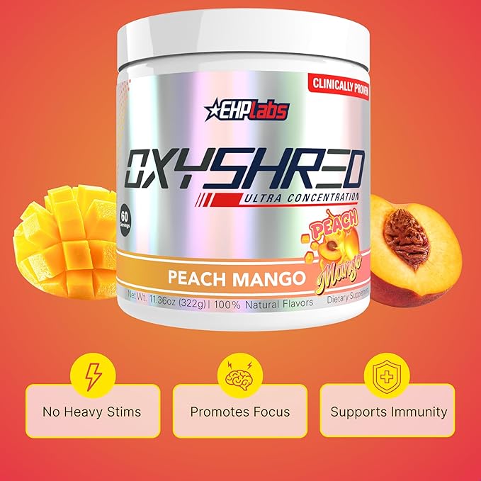 EHP Labs OxyShred Pre Workout Powder - Preworkout Powder with L Glutamine &amp Acetyl L Carnitine Energy Boost Drink - Peach Mango 60 Servings