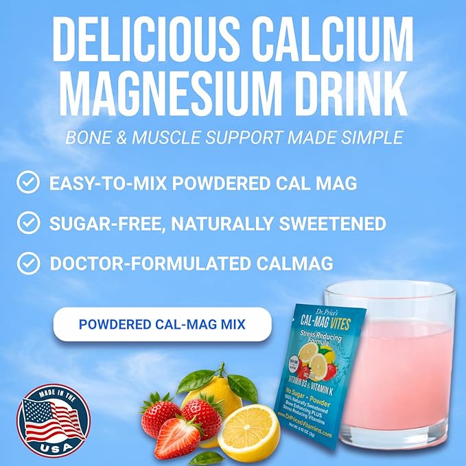Dr. Price’s Cal-Mag Vites – Strawberry Lemon 30 Packs | Calcium Magnesium Powder Packets + Vitamin D3 K &amp Boron | Calming Bone &amp Muscle Support for Kids &amp Adults | Doctor-Formulated