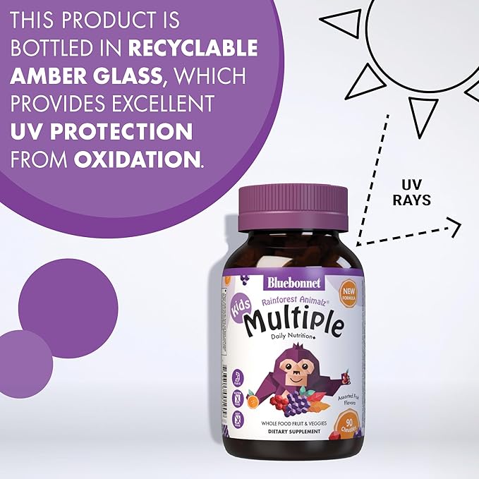 Bluebonnet Nutrition Rainforest Animalz Whole Food Based Multiple Chewable Tablet Kids Multivitamin &amp Mineral Vitamin C D3 Iron Gluten Free Milk Free Kosher 180 Chewable Tablets Mixed Fla