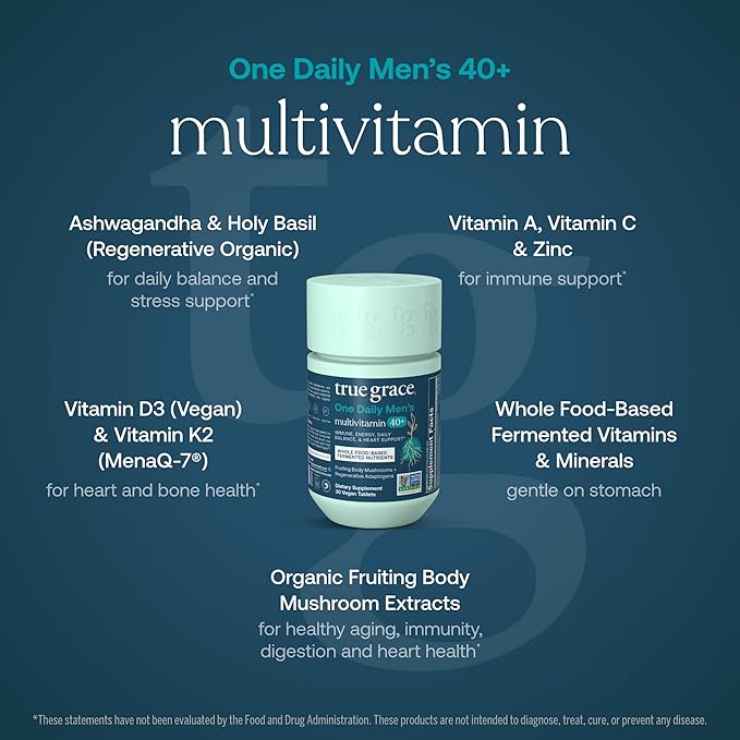 True Grace Men's 40+ One Daily Multivitamin Fermented Minerals Organic Adaptogens &amp Mushrooms Whole Body Balance Immune Endurance Bone &amp Heart Support Supplement - Non-GMO - 30 Vegan Tablet