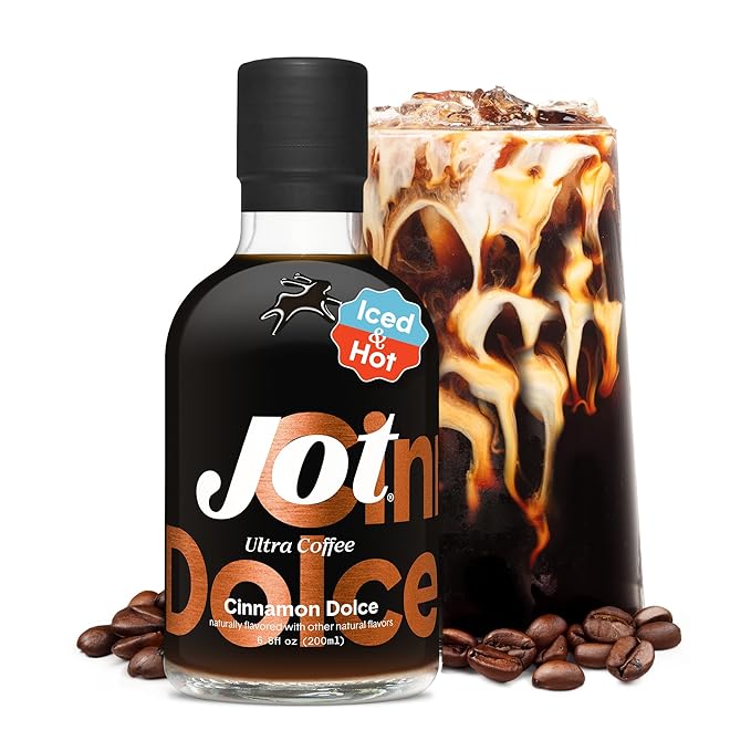 Jot Coffee Concentrate (Cinnamon Dolce) High Caffeine Cold Brew Coffee Concentrate Liquid for Iced Coffees Instant Espresso Hot or Cold Instant Coffees - Makes 14 Cups 150mg Caffeine/Tbsp No Sugar