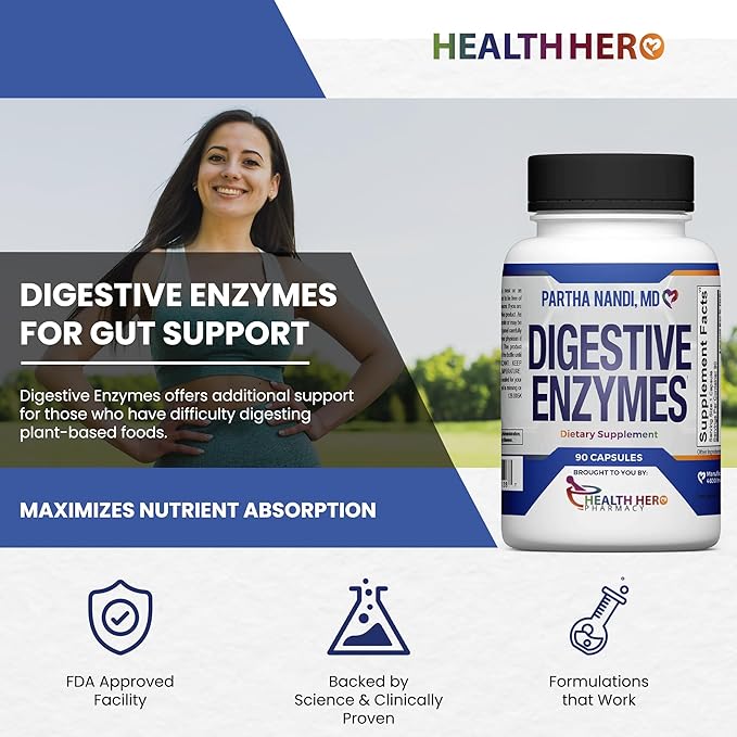 Digestive Enzymes Supplement – Designed to support Gas Bloating &amp Nutrient Absorption – Full Spectrum Protease Amylase Lipase Cellulase Lactase – Vegan Non-GMO Gluten-Free – 90 Capsules