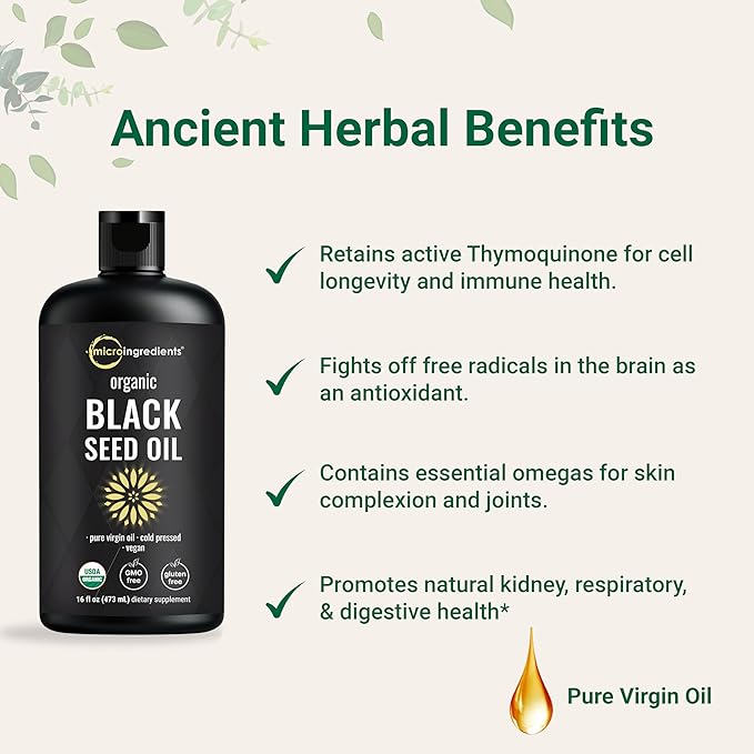 Micro Ingredients Black Seed Oil Organic Cold Pressed 16 fl oz | Rich in Thymoquinone &amp Omega 3 6 9 | Unrefined from Nigella Sativa Seeds | Immune Hair &amp Skin Support* | Non-GMO - 3 Months S