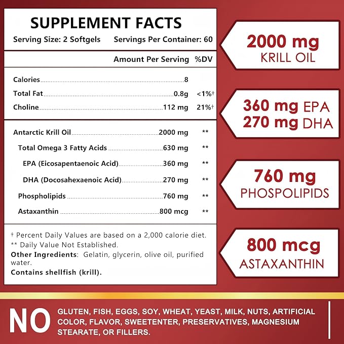 NATURE TARGET Krill Oil 2000 mg with Omega-3 EPA &amp DHA with Astaxanthin Supplement Choline - Supports Heart Brain Join Eye Health Non-GMO Gluten Free 120 Softgels (60 Servings)