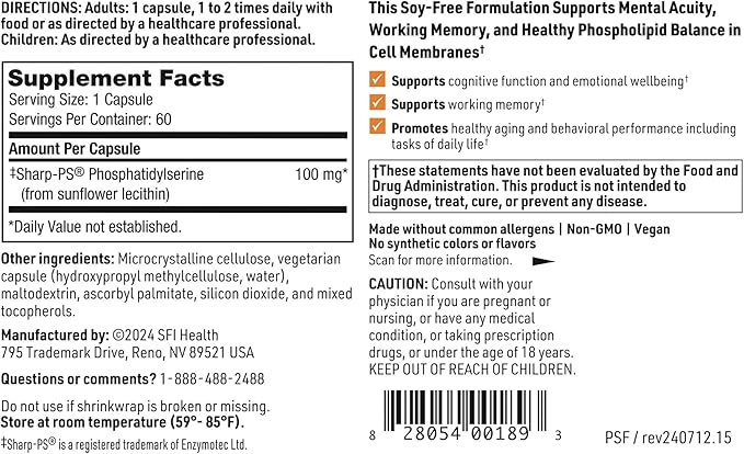Klaire Labs SFI Health Phosphatidyl Serine Sf - Cognitive Support Soy Free Phosphatidylserine from Sunflower Lecithin (60 Capsules)