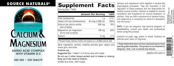 Source Naturals Calcium &amp Magnesium Amino Acid Complex with Vitamin D-3 300 MG - 250 Tablets