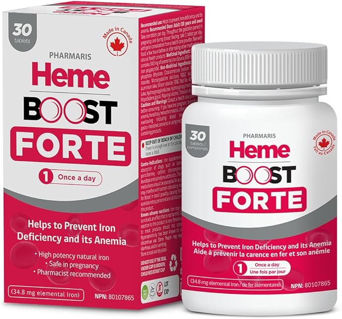 Hemeboost Forte 34.8 mg (696 mg Heme Iron Pills) High Potency Iron Supplement for Women &amp Men High Absorption &amp Gentle on Stomach Safe for Use in Pregnancy 30 Tablets