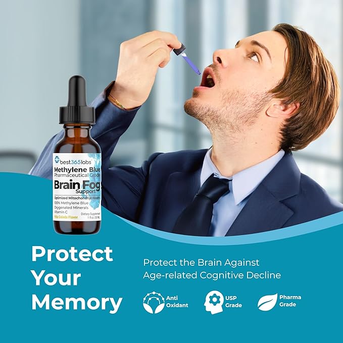 Methylene Blue Pharmaceutical Grade USP Grade Third-Party Tested with Vitamin C - Memory Booster - Improves Cognitive Function and Focus - Clear Thoughts and Reduced Fog - Liquid Supplement