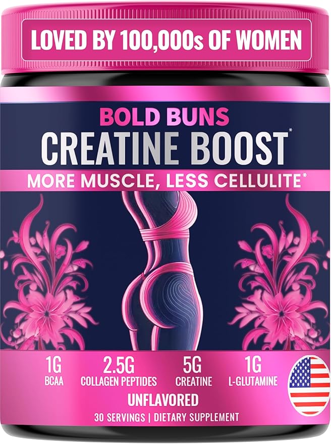 Bold Buns Creatine for Women – Booty Builder Supplement with Collagen &amp BCAA – Supports Muscle Development Post-Workout Recovery Skin Elasticity Healthy Hair &amp Nail | Unflavored – 30 Servin