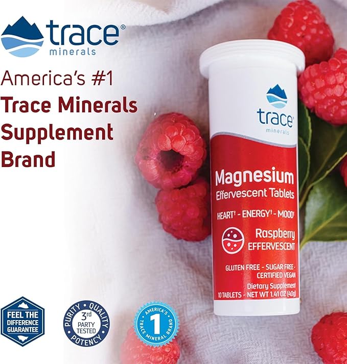 Trace Minerals Magnesium Effervescent - Healthy Heart &amp Energy Support Supplement - Natural Magnesium Supplement to Aid Healthy Sleep - Gluten-Free Health Supplement - Raspberry 8 Tubes (80 Servi