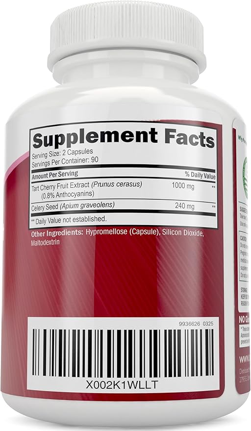 Tart Cherry Extract Capsules 1000mg - 180 Capsules 3 Month Supply - Blend with Tart Cherry and Celery Seed Powder