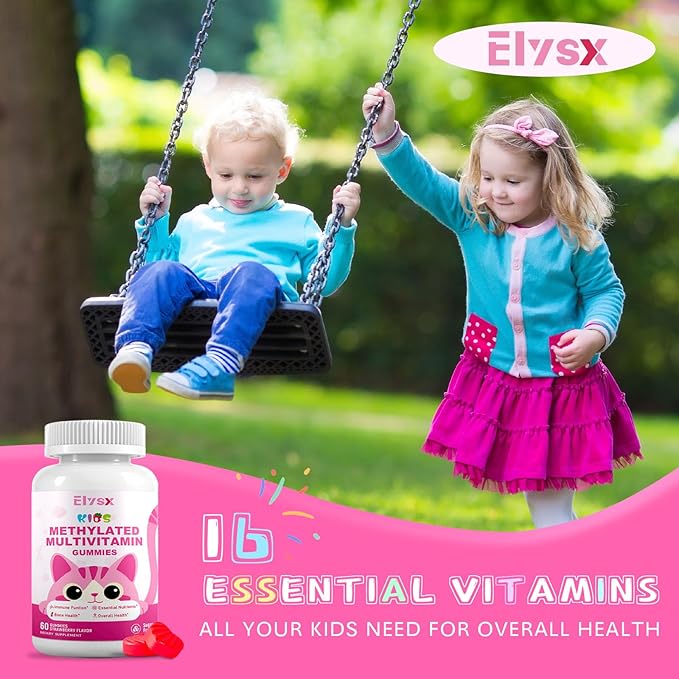 Kids Methylated Multivitamin Chewable Gummies MTHFR Supplement with L Methylfolate Magnesium Biotin Choline Inositol DHA TMG &amp Coq 10 Immune &amp Brain Support Strawberry Flavor 60 Ct