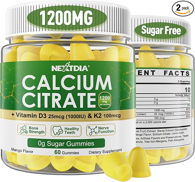 Calcium Citrate Gummies 1200mg with Vitamin D3 K2 Chewable Calcium Supplements for Women &amp Men High Potency Support B0ne Te*th Strength &amp Immune Health Mango Flavor Non-GMO Sugar Free