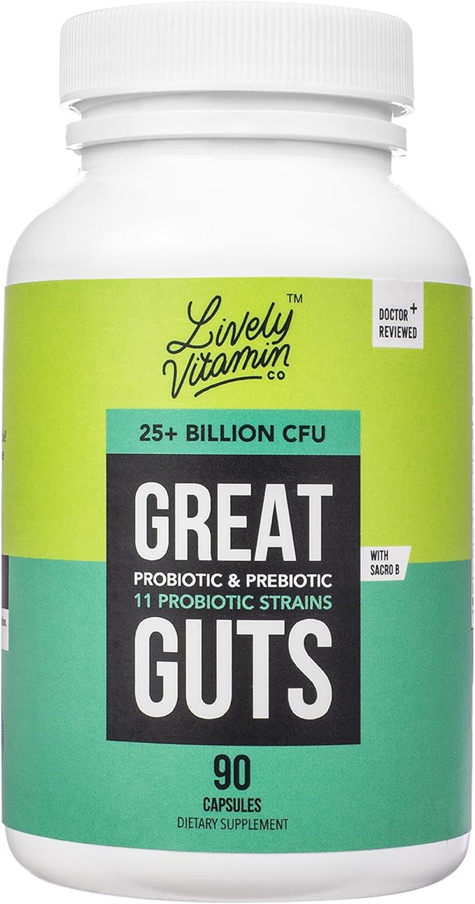 LIVELY VITAMIN CO. Great Guts Probiotic - 25 Billion CFU Probiotic - Balance Gut Microbiome GI Tract Inflammation Indigestion Reflux Upset Stomach &amp Diarrhea - 90 Caps