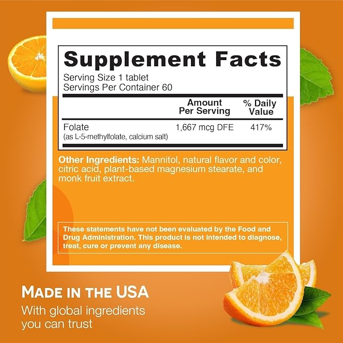 EZ Melts Dissolvable Folate 1667 mcg DFE - Methylated Folate Supplement - Heart Health &amp Healthy Fetal Development - Non-GMO Vegan &amp Dairy-Free - Orange Blast -120 Dissolvable Tablets (120 S