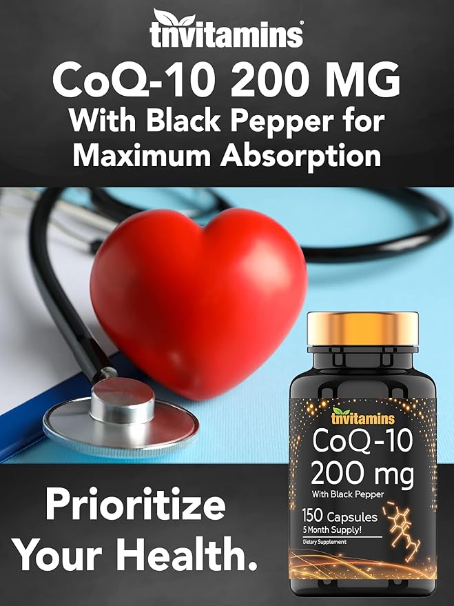 tnvitamins CoQ-10 200mg - 150 Capsules with Black Pepper Extract | 5 Month Supply! | Powerful Free Radical Fighting Antioxidant | Max Absorption Rapid Release Capsules | Coenzyme Q-10 200 mg