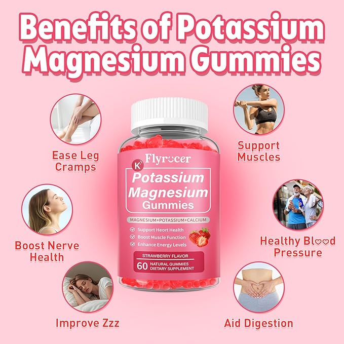 2 Pack Potassium Magnesium Gummies for Men &amp Women Potassium Magnesium Supplement for Leg Cramps Muscle Health &amp Electrolyte Balance Strawberry Flavor 120 Gummies
