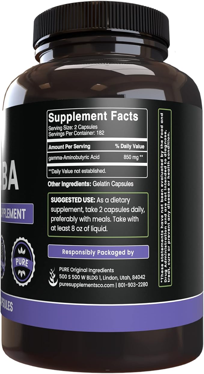 PURE ORIGINAL INGREDIENTS GABA (365 Capsules) No Magnesium Or Rice Fillers Always Pure Lab Verified