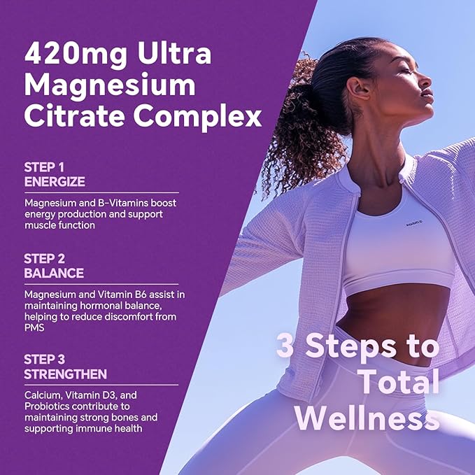 Magnesium Citrate Gummies 420mg for Adult - Dual Layer - w/10 Billion CFU - 5 Strains Probiotics &amp Calcium D3 Biotin Iron B6 B12 Folate Support for Bone Nerve Relaxation Muscle - Vegan 6