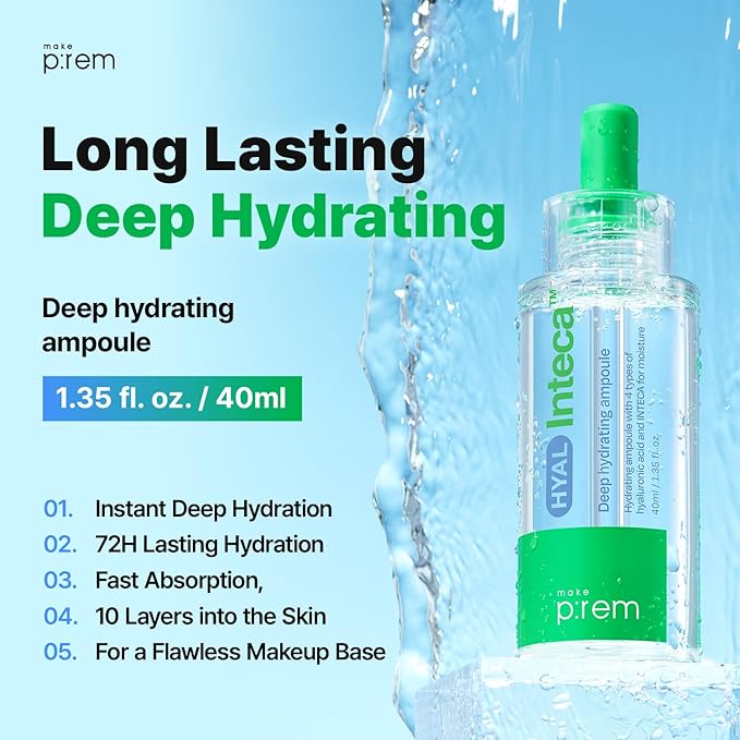 MAKE P:REM Hyal INTECA Deep Hydrating Ampoule Quick Hydrating Facial Serum with 4X Hyaluronic Acid Complex for Acne-Prone Skin All Skin Types Korean Skin Care 1.35 Fl.Oz 40ml