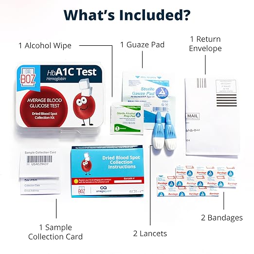 Dr. Boz - Hemoglobin A1C Home Test Kit - Blood Collection Kit with Lab Results - Blood Sugar &amp hbA1c Levels - Lancets Bandages Alcohol Wipe Envelope - Made in the USA - Diabetes Care &amp Self