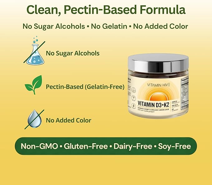 Vitamin 2500 IU D3 + 100mcg K2 MK-7 - Manuka Honey &amp Organic Lemon - Vegan Pectin - No Sugar Alcohols - with Avocado Oil for Absorption - Bone &amp Immune Support - 60 Day Supply