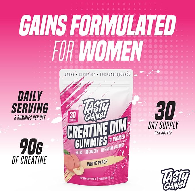 Creatine Gummies for women | 3g Creatine Monohydrate Per Serving | DIM Supplement 100 mg | Estrogen Balance for Women | Hormonal Acne Hormone Balance Glute Builder (90 Count White Peach)