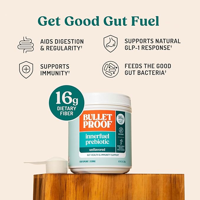 Bulletproof Innerfuel Prebiotic Fiber Powder Unflavored 16g Fiber Plant-Sourced Non-GMO &amp Third-Party Tested Supports Gut &amp Digestive Health 0g Sugar 13.4 oz