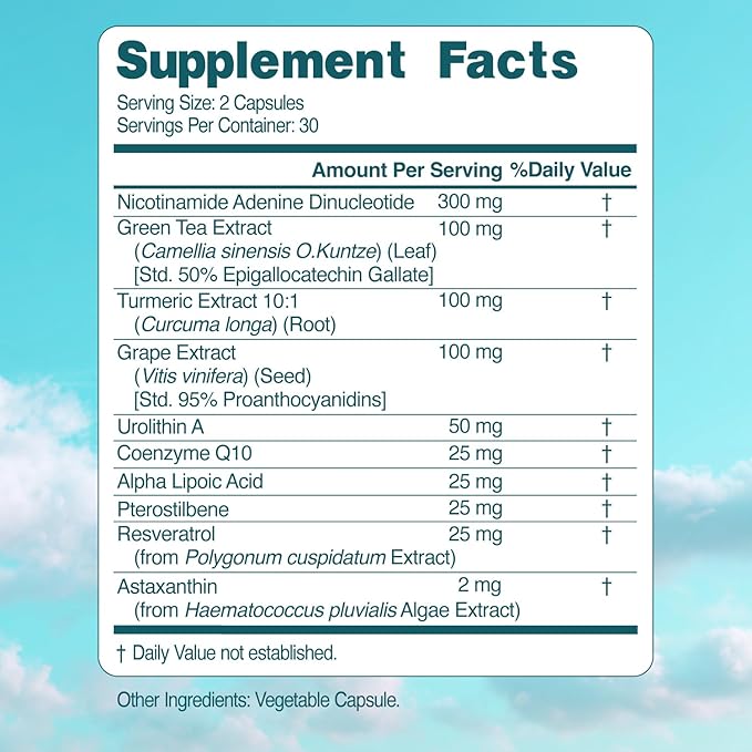 NAD+ Elite Complex – Direct NAD+ 300 mg with Urolithin A Resveratrol CoQ10 &amp Antioxidant Blend – Cellular Energy Mitochondrial Support &amp Healthy Aging – Vegan Non-GMO- 60 Capsules (Pack of