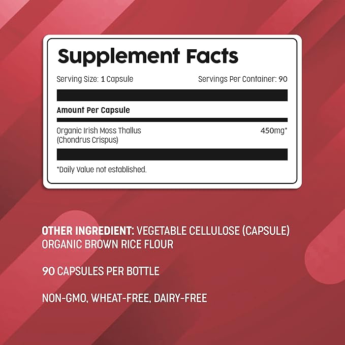 Ocean Optima Organic Sea Moss Capsules (Chondrus crispus) for Skin Nail Hair and Gut Naturally Occurring Kosher Iodine for Thyroid Support Single-Ingredient Wild Irish Seamoss Vegan 90 Servings
