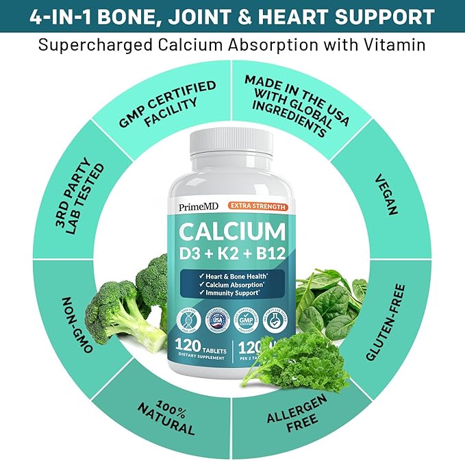 4-in-1 Calcium 1200 mg with Vitamin D3 K2 - Extra Strength Calcium Supplements for Women &amp Men with D3 K2 Vitamin 5000 IU - Everyday Vitality Supplement - Vegan-Friendly Gluten-Free Non-GMO (120