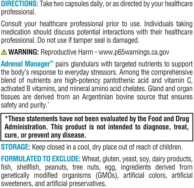 XYMOGEN Adrenal Manager - Energy Stress Response + Adrenal Gland Support - Adrenal Supplement with L-Tyrosine Zinc Chelate VIT B6 Magnesium Pantothenic Acid Rhodiola Rosea (60 Capsules)