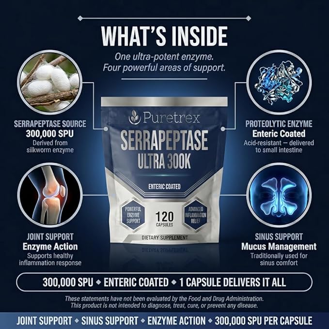 Serrapeptase Ultra 300K Enteric Coated Dietary Supplement 120 Capsules Powerful Enzyme Support Advanced Inflammation Relief Vegan Gluten Free Sugar Free