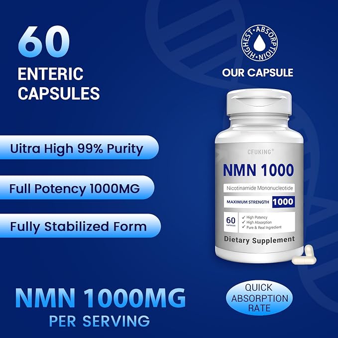 NMN 1000mg Per Serving Maximum Strength - 99% Pure NMN (Nicotinamide Mononucleotide) for NAD Cell Immune Energy Anti-Aging &amp Longevity Stabilized NMN Supplements 1000mg - 240 Veggie Capsules