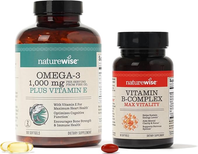 NatureWise 1000mg Omega 3 600mg EPA 400mg DHA with Vitamin E 180ct &amp Vitamin B Complex for Cellular Energy 60 Softgels[2-Month]
