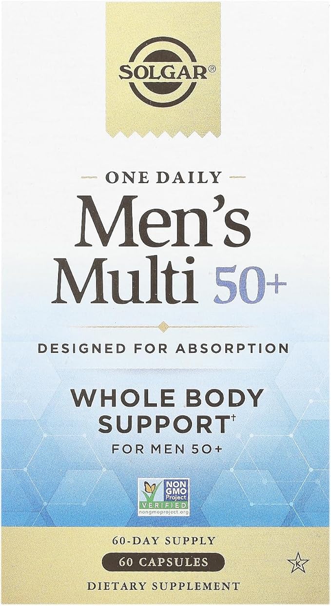 Solgar One Daily Men's Multi 50+ Whole Body Support for Men 50 and Older Highly Absorbable Delayed Release Heart Energy Stress Muscle Bone Prostate Support Vitamin 60 Vegan Capsules 60 Servings