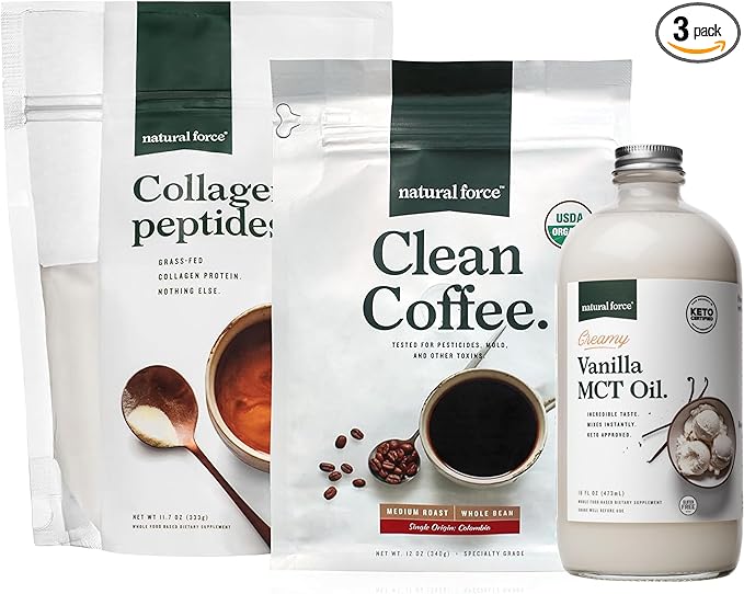 Natural Force Clean Coffee + Creamy Vanilla MCT Oil + Collagen Peptides Bundle – Organic Whole Bean Coffee Flavored MCT Creamer &amp Hydrolyzed Collagen Protein – 12 Oz 16 Oz 11.7 Oz