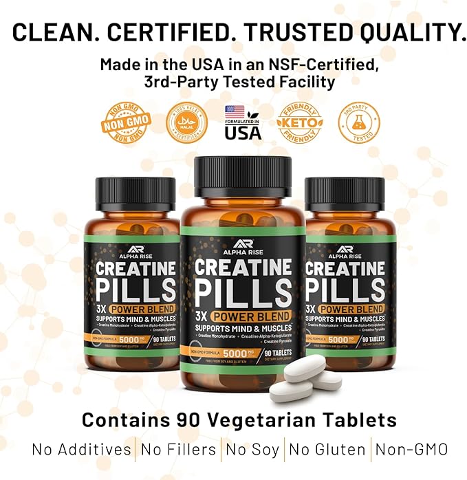 Creatine Pills for Men – Creatine Capsules with 3X Power Blend (Monohydrate Creatine AKG &amp Pyruvate) | 5g Creatine per Serving | No Powder Creatine Tablets | Non-GMO | 90 Tablets