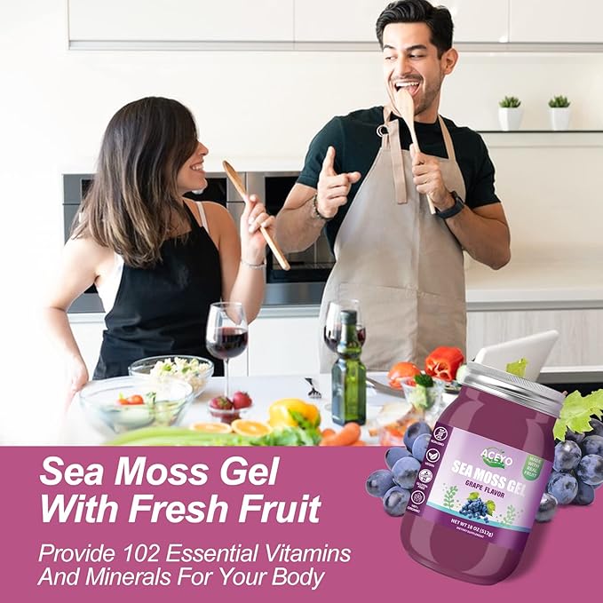 (18 OZ) Irish Sea Moss Gel Organic Raw Vegan Grape Flavor 102 Vitamins and Minerals Wild Harvested Non-GMO Immune Defense Booster Thyroid Digestive Support