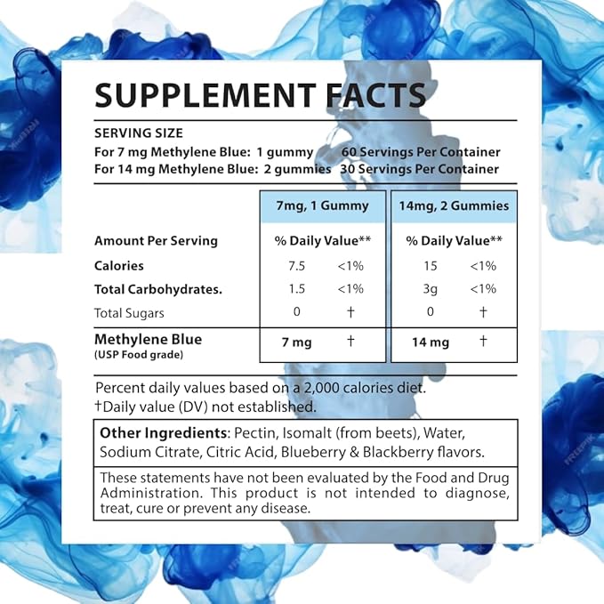 Methylene Blue for Humans USP Pharma Grade 7mg and 14mg dose - 3rd Party Certified Quality - Sugar Free Vegan - Berry Flavor 60 Gummies