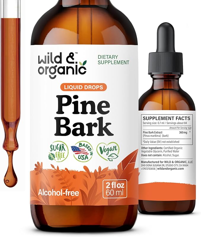 Wild &amp Organic Pine Bark Extract Tincture - Antioxidant Support - Pinus Pinaster Supplements - French Maritime Bark Liquid Drops - 2-Month Supply - Vegan Alcohol &amp Sugar-Free - 2 fl oz