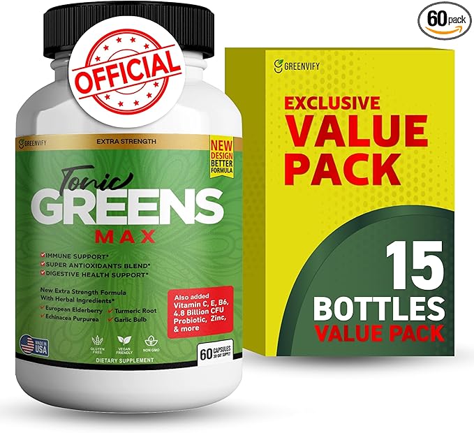 Tonic Greens Max Extra Strength Immune Support Supplement 60 Capsules with Elderberry Turmeric Probiotics (15)
