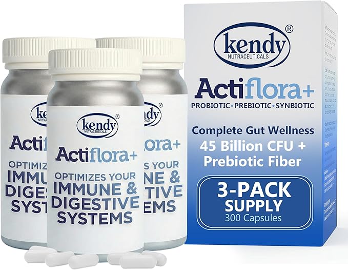 Kendy Actiflora Probiotic + Prebiotic &amp Synbiotic Capsules – Advanced Formula w/L. bulgaricus for Digestive Health &amp Gut Balance – 45 Billion CFU Daily Supplement - 300 Capsules (3 Packs)
