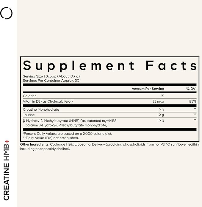 Codeage Creatine HMB+ Powder - Creatine Monohydrate Taurine myHMB Supplement Vitamin D3 - Sports Support Supplement - Liposomal Delivery - Non-GMO Unflavored - 11.32 oz