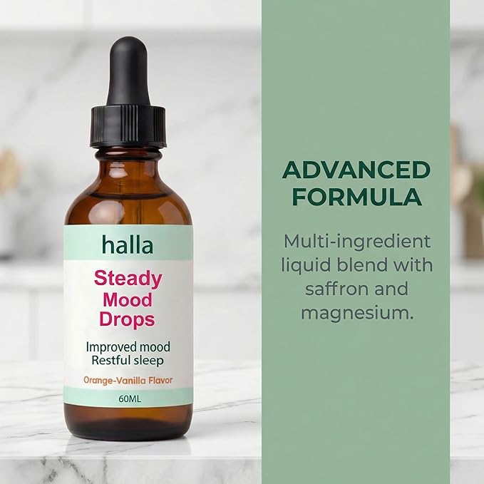 Halla Steady Mood Drops with Saffron Extract – Fast Absorption Cognitive &amp Emotional Balance Supplement – Advanced Brain Nutrient Blend – Orange Vanilla Flavor 2 fl oz