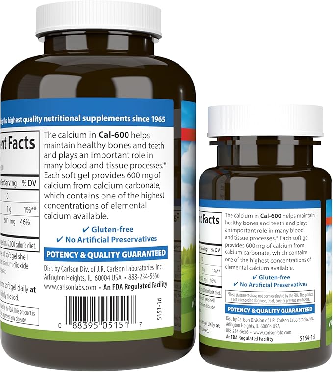 Carlson - Cal-600 600 mg Calcium Bone Support Healthy Teeth &amp Optimal Wellness 100+30 Softgels