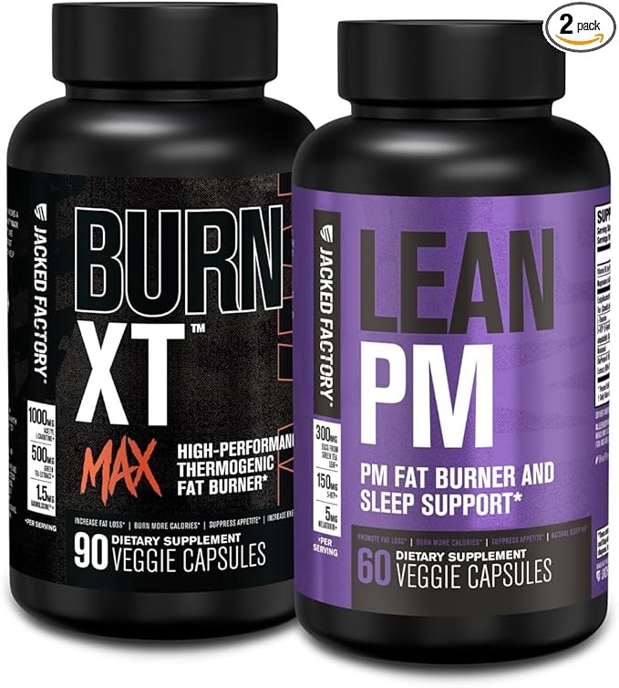 Jacked Factory 24/7 Fat Burner Stack - Burn XT MAX High Performance Fat Burner (90 Capsules) - Lean PM Nighttime Sleep Support for Weight Loss and Appetite Suppression (60 Capsules)