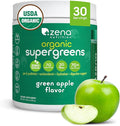 Zena Nutrition Organic Super Greens Powder 70+ Superfoods 0 Sugar 3G Fiber Spirulina Chlorella Mushrooms Prebiotics/Probiotics Digestive Enzymes for Gut Health Green Apple 30 Servings
